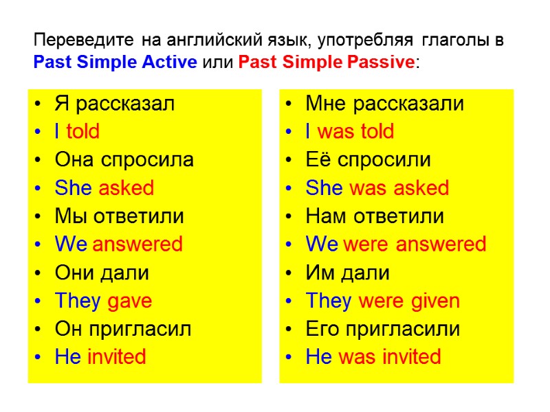 Переведите на английский язык, употребляя глаголы в Past Simple Active или Past Simple Passive: